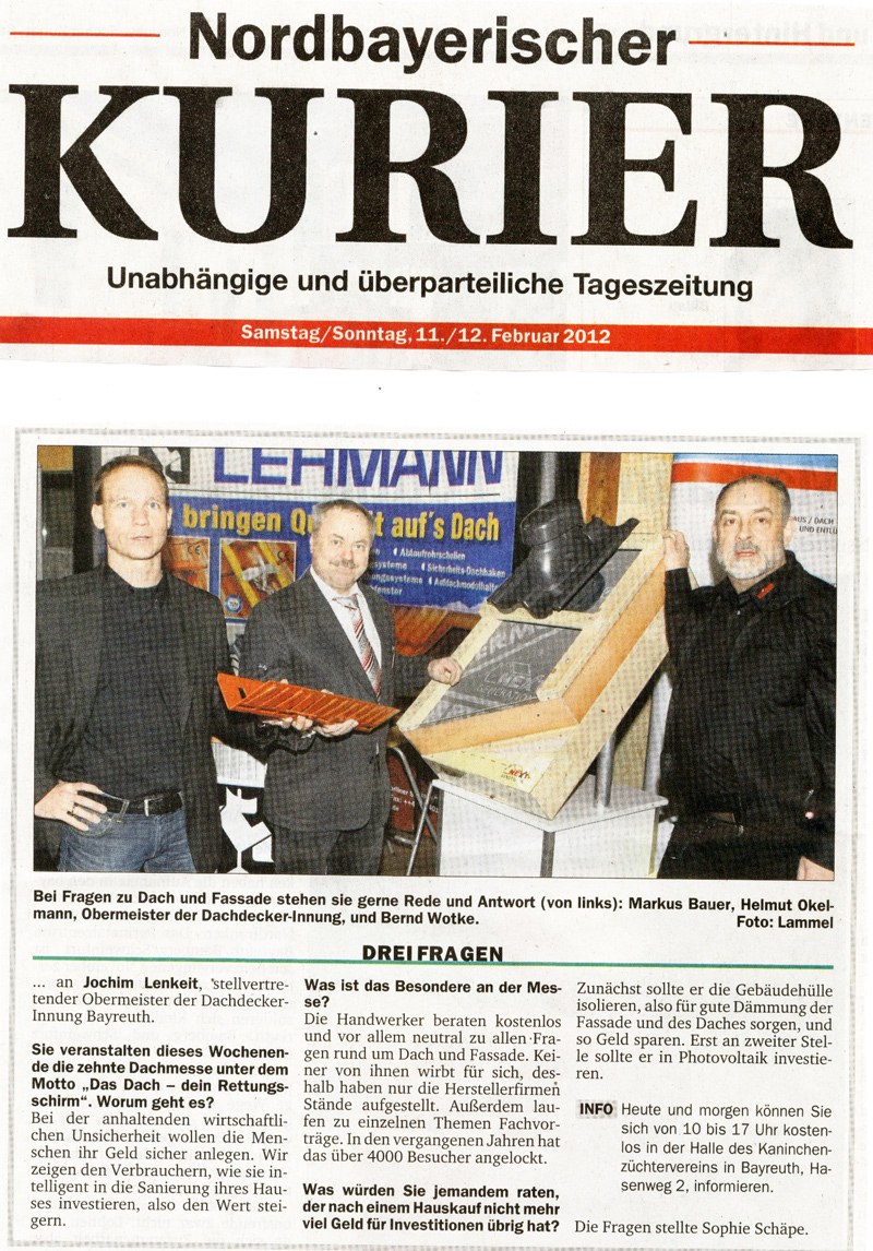 Dachdecker Innung Bayreuth - Pressespiegel zur Dachmesse 2012